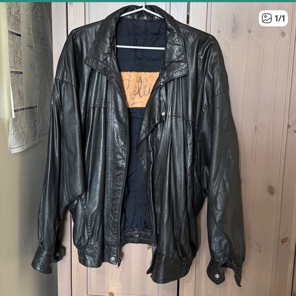 Pollini Black Leather Batwing Oversized Bomber Jacket